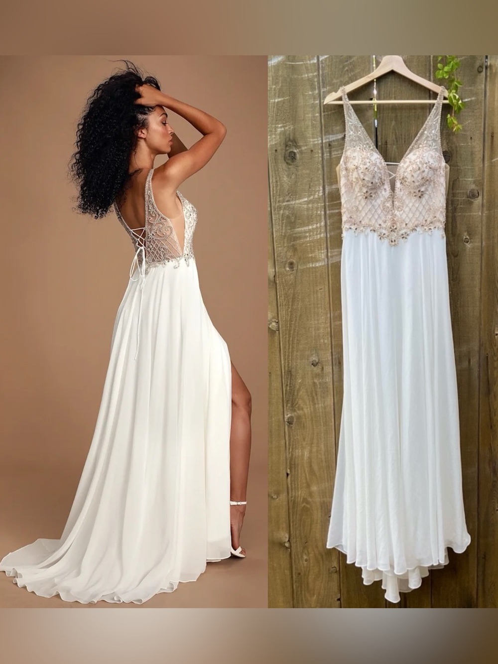White and Champagne Beaded Lace-Up Corset Chiffon Maxi Dress w/ Train 🌿